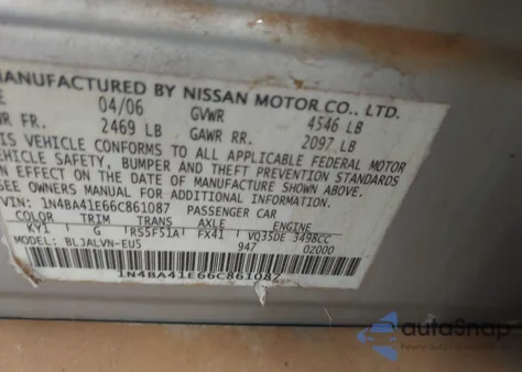 2006 Nissan Maxima 3.5 Se z USA, uszkodzony, nr VIN 1N4BA41E66C861087